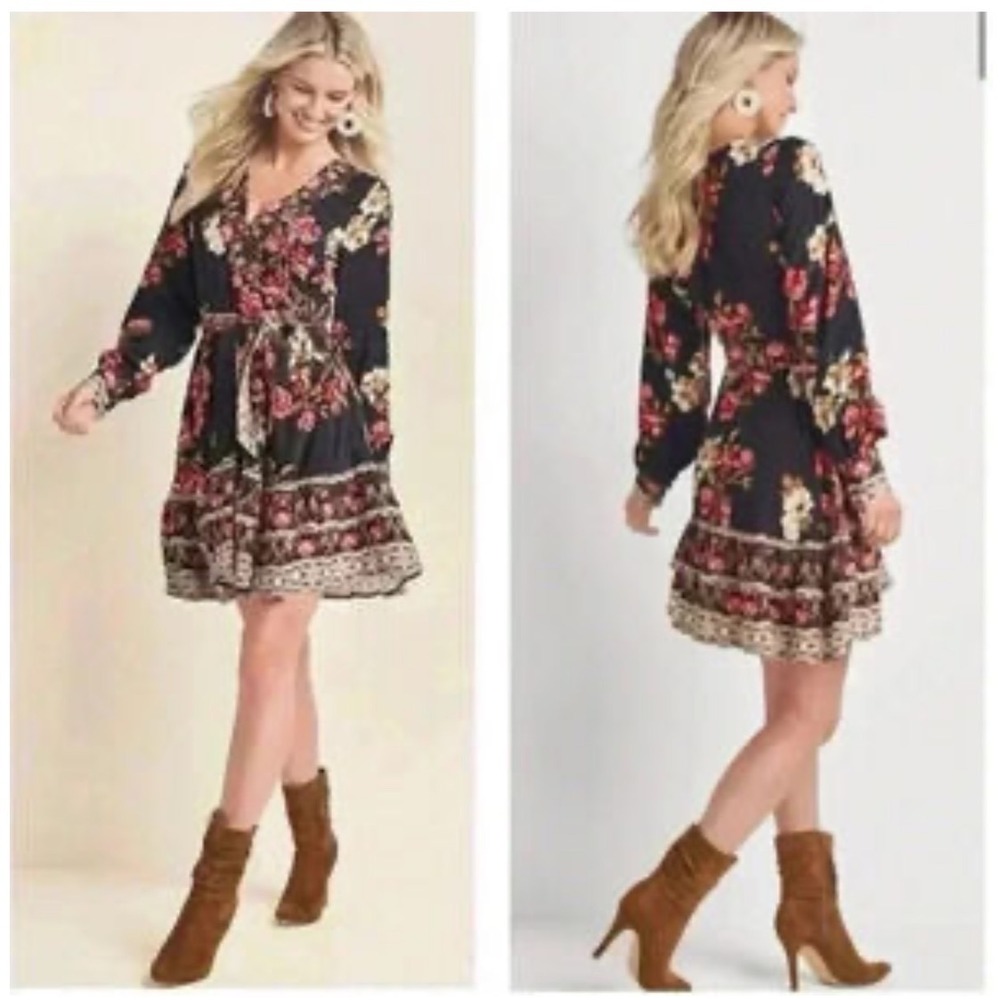 Venus Floral Long Sleeve Wrap Mini Dress Black Multi Z219710 FA 22 Womens Size 6